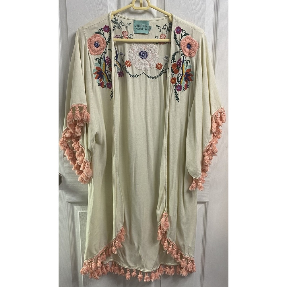 Judith March Women Bird & Flower Embroidered Kimono Duster Ivory/Pink Tassels M